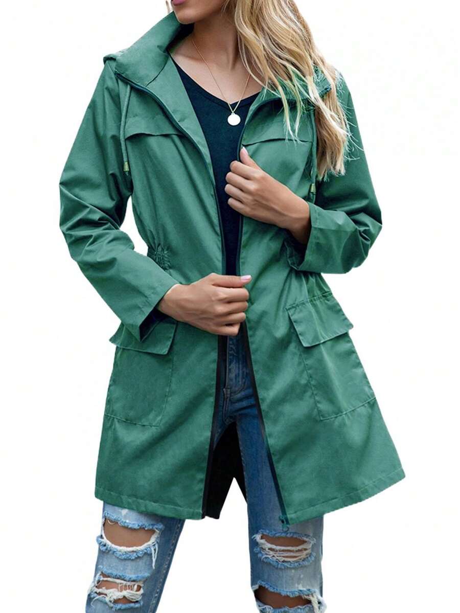 Women Light Rain Jacket Waterproof Active Outdoor Trench Raincoat With Hood Ladies Lightweight Windproof Windbreaker - 墨綠色 - 查看 1
