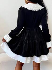 Vestido de manga larga con cuello Peter Pan de ajuste ceñido, contraste de blanco y negro, elegante vestido casual de oficina y citas, moda primavera/verano/otoño - Negro - Ver 7