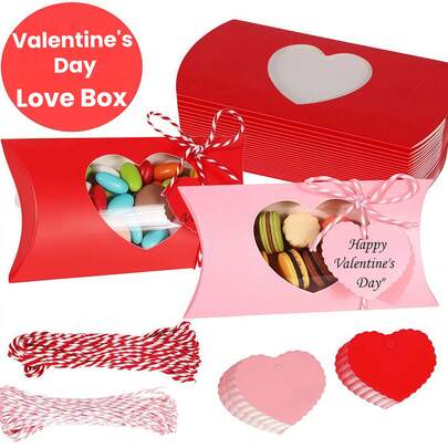 50件情人节礼盒套装，包含礼品标签和棉绳、带PVC窗口的红色和粉色心形纸质礼盒、手写贺卡、糖果盒，适用于新年、情人节、生日、婚礼派对等场合。