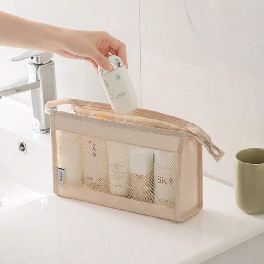 Retro Luxury Small Cosmetic Bag, Made Of Polyester Mesh Material With Zipper, Can Hold Makeup Brushes, Portable Travel Cosmetic Organizer, Small Mesh Cosmetic Pouch