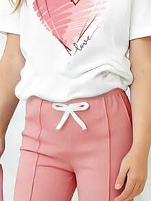 Tween Girls' Heart Print Short Sleeve T-Shirt And Flare Pants Casual Outfit - White - View 4