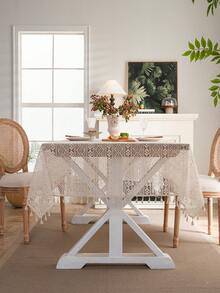 Bubaba 1pc Beige Coin Pattern Tablecloth, Bohemian Style Beige Tassel Hollow Out Tassel Decor Dust-Proof Dining Table Cloth, Suitable For Party, Festival, Gathering, Kitchen, Dining Room, Living Room, Outdoor, All Seasons - Beige - View 2