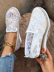 休闲优雅蕾丝网面鞋面，时尚百搭坡跟绳粗底休闲女鞋 - 白色 - 查看 6