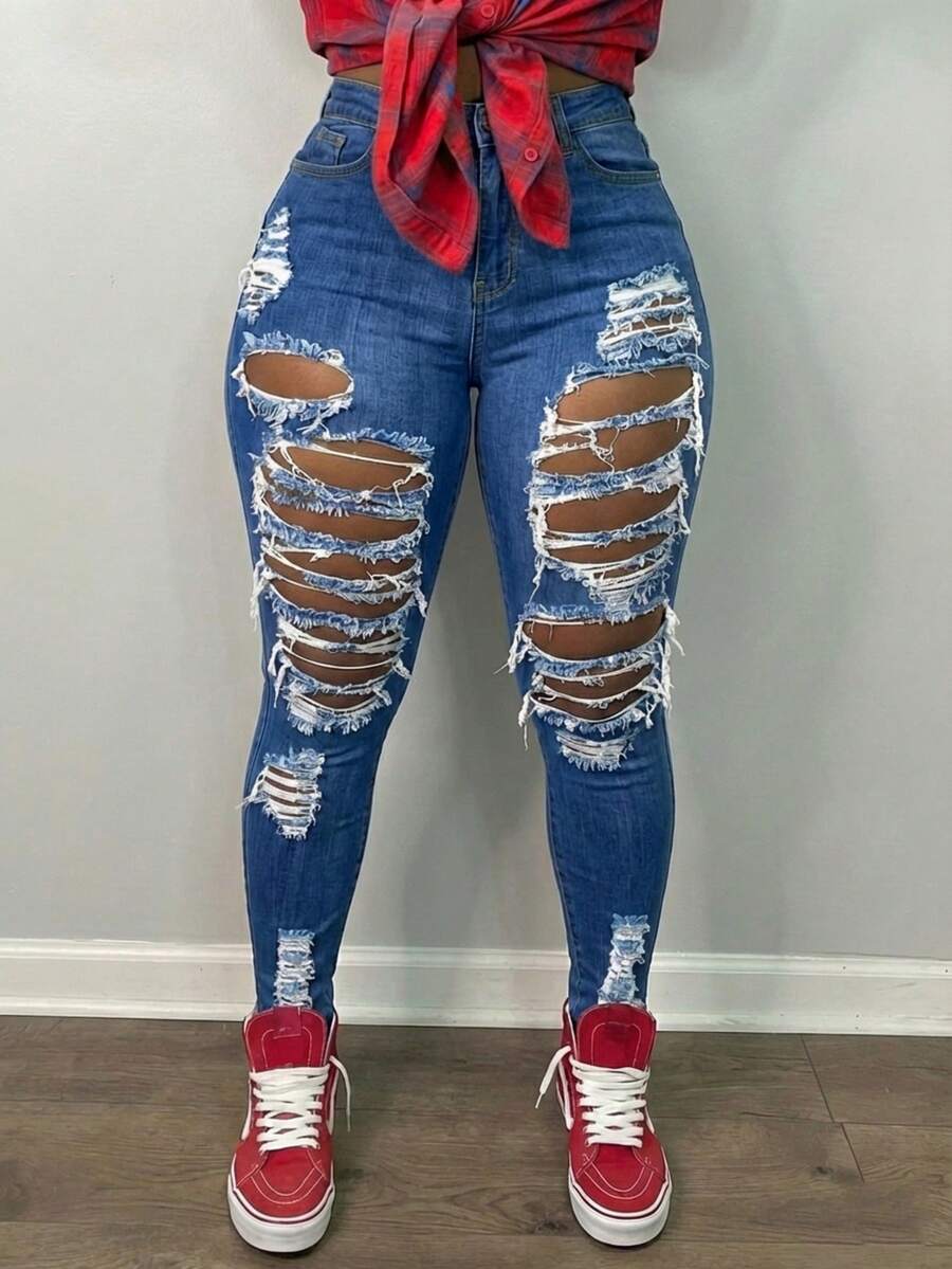 Jkorea Women's High Waisted Heavily Distressed Skinny Jeans - Ripped Shredded Denim Pants Streetwear Aesthetic - Màu xanh lam - Xem 1