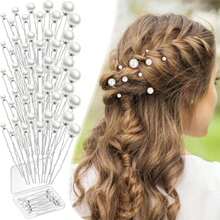 50 Piezas de Horquillas de Perlas,Accesorios para el Cabello de Novia con Perlas,5 Tamaños,Elegantes Accesorios para el Cabello Retro en Forma de U con Caja Blanca de Almacenamiento,Plateado(default) - Multicolor - Ver 2