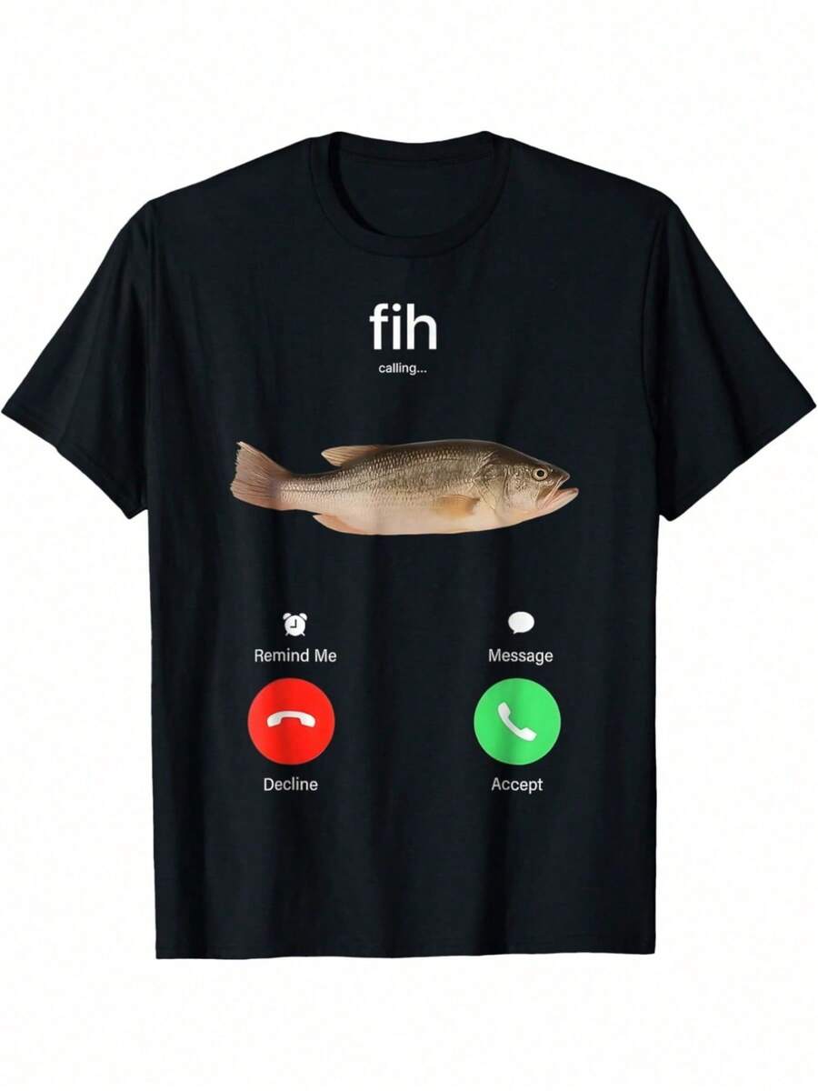 Fih Calling Remind Me Message Decline Accept Phone Call Fish T-Shirt - 黑色 - 查看 1