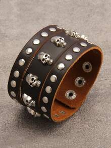 1pc Fashion Skull Rivet Unisex Wide Leather Bracelet, Punk Style Couple Bangle With Hidden Clasp, Suitable For Carnival Party, Music Festival Gift