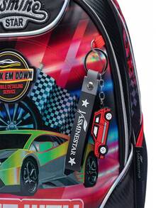 3 Pieces Kids Casual Backpack Set With Green Dinosaur, Sunflower, Flower Designs, Made Of Polyester With Multiple Compartments And Pockets, Zipper Closure, Comes With Cute Keychain Charm, Perfect Gift For School, Outdoor Activities, Travel - Racing Three-piece Suit - View 6