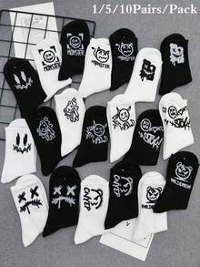 1/5/10双装随机混色男士卡通怪兽街头风黑白船袜，长款休闲袜，适合学生和情侣穿着，运动袜 - 黑色 - 查看 1