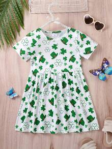 一件圣帕特里克节女童三叶草印花短袖休闲连衣裙，时尚户外服饰，春夏皆宜，节日派对礼物，送给孙女 - 綠色 - 查看 1