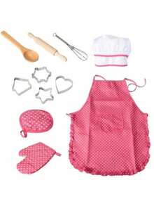 儿童围裙烹饪玩具，蛋糕烘焙烹饪工具，烘焙角色扮演套装，适合女孩的礼物（部分配件颜色随机） - 彩色 - 查看 6