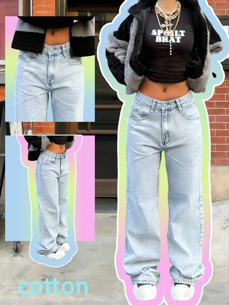 女士浅蓝色无弹力宽松阔腿牛仔裤 Y2K 休闲街头风日常约会拍照 - 春季女装穿搭 - 淺色水洗藍 - 查看 1