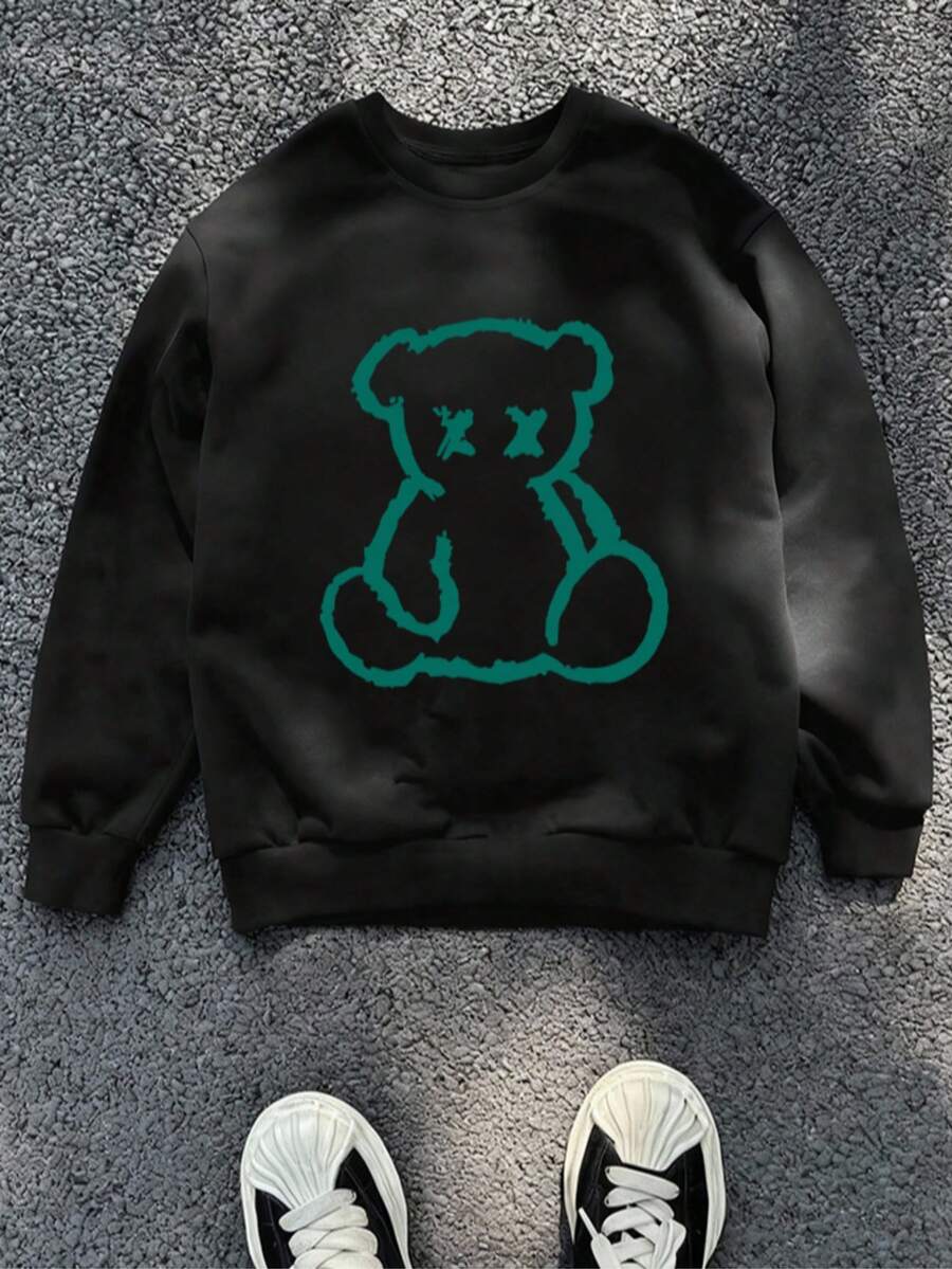 男童酷炫印花圆领卫衣，休闲Y2K街头风，适合上学、度假和购物。这是一款百搭休闲的春秋季单品。 - 黑色 - 查看 1