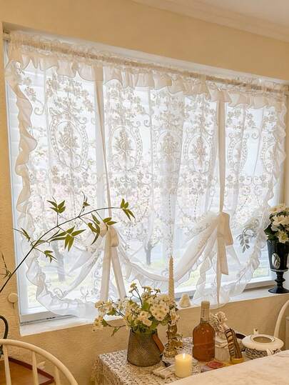 1pc Princess Style Floral Embroidery Tie-Up Sheer Curtain - Elegant Floral Pattern, White Ruffled Trim, Tie-Up Roman Shade Design, All Seasons, French Style Tie Up Sheer Voile Curtain For Living Room Kitchen Bathroom Wedding Party Window Decor