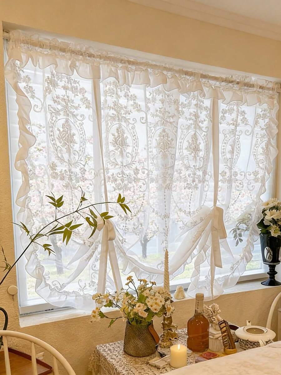 1pc Princess Style Floral Embroidery Tie-Up Sheer Curtain - Elegant Floral Pattern, White Ruffled Trim, Tie-Up Roman Shade Design, All Seasons, French Style Tie Up Sheer Voile Curtain For Living Room Kitchen Bathroom Wedding Party Window Decor - White - View 1