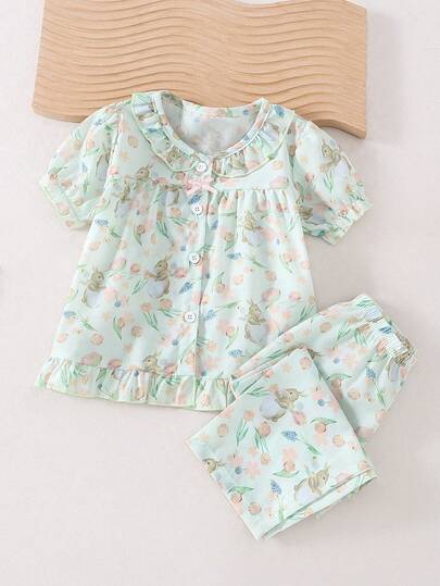 Bộ 2 món đồ mặc nhà cho bé gái, họa tiết hoa nhí, cổ búp bê, tay ngắn và quần.