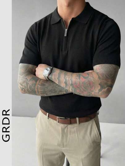 GRDR Suéter de punto de manga corta con cuello polo y media cremallera, unicolor, casual para hombres