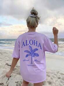 2026 Summer Shirts Women's New Palm Tree Slogan Print Casual Round Neck Short Sleeve T-Shirt, Fashionable Resort Style, Your Daily Essential Item. Gr - 紫色 2 - 查看 12