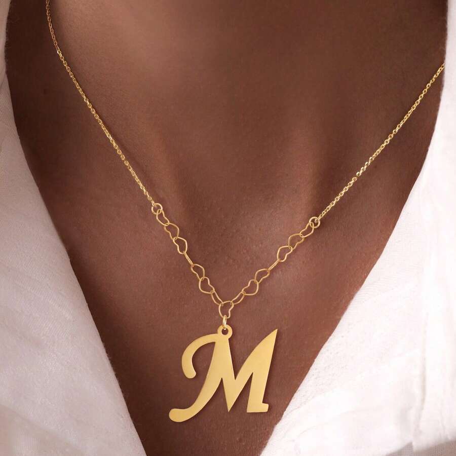 1pc Simple Classic Big Initial Pendant Golden Stainless Steel Chain Necklaces For Women - Yellow Gold - View 1