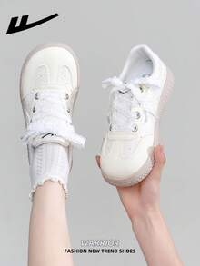 1 Pair WARRIOR Women's Thick Sole Lace-Up Soft Bottom Casual Shoes, Low-Top Outdoor Flat Shoes, Round Toe Low Heel Non-Slip Solid Color Elegant Soft Bottom Hiking Shoes, Suitable For Students, Graduation Photos, Flat Shoes, Low-Top Leather Sneakers - Light Yellow/beige - View 7