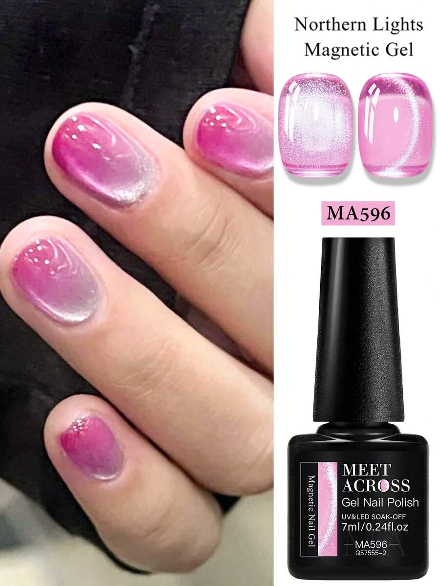 MEET ACROSS 1 Bottle 7ml Pink Aurora Water Glow Cat Eye Gel Nail Polish, Aurora Glitter Crystal Magnetic Semi-Permanent Soak-Off UV LED Nail Polish, Nail Art DIY, Home And Nail Salon Supplies - 粉色 - 查看 1