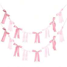 Pink Bow Floral Garland Decor, Pre-Strung Ribbon Hanging Ornament, Suitable For Birthday Party, Baby Shower, Wedding Party And Other Bow-Themed Events - Multicolor - View 2
