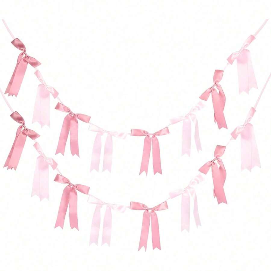 Pink Bow Floral Garland Decor, Pre-Strung Ribbon Hanging Ornament, Suitable For Birthday Party, Baby Shower, Wedding Party And Other Bow-Themed Events