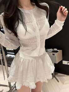 Spring/Summer New White Hollow Out Round Neck Sheer Sexy Vibe Cover Up Autumn/Winter New Unique Starfish & Shell Texture Slim Fit Thin Casual Cover Up, Suitable For Dates And Vacations - White - View 1