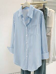 Plus Size Women's Casual Basic Striped Pointed Collar Long Sleeve Shirt Blouse With Button Pockets, Suitable For Daily Office Wear, Autumn/Winter/Spring - Blue - View 3