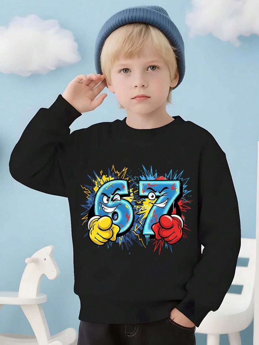 Cool "67" Comic Style Graphic Kids' Black Pullover Sweatshirt - Soft Cozy Fleece Boys' Sweatshirt, Warm Breathable Wearing Feel, Ideal For Playdates, School Casual Days, Family Outings & Weekend Errands - 黑色 - 查看 1