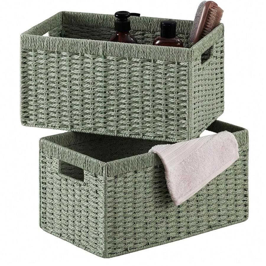2 Pack Wicker Basket, 13.4L*8.3H*7.1W Inch Woven Paper Rope Storage Baskets For Shelves, Foldable Rectangular Storage Baskets With Handle, Storage Basket For Organizing, Green - Green - View 1