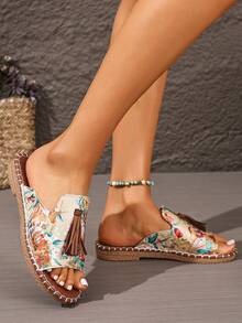 女士流苏装饰平底凉鞋，沙滩防水拖鞋，女士防滑户外时尚百搭凉鞋 - 彩色 - 查看 7