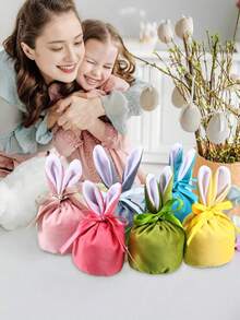 5pcs Easter Bunny Bags, Velvet Drawstring Rabbit Ear Design, Candy, Cookies, Chocolate, Eggs Gift Bags, Rabbit Party, Birthday, Wedding, Baby Shower Favors - Multicolor - View 7