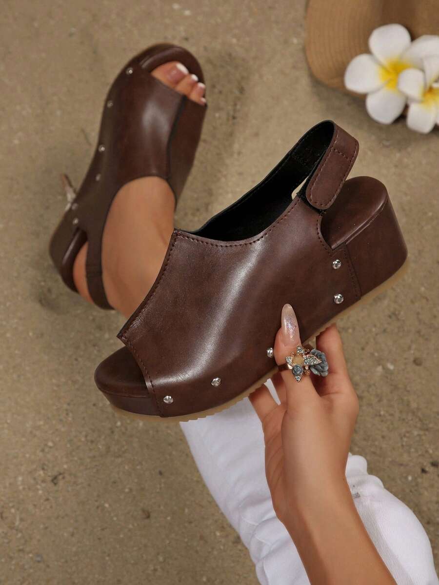 女士夏季坡跟露趾透气凉拖鞋 - 棕色 - 查看 1