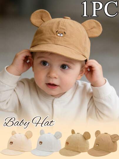 1pc Baby Thin Embroidered Bear + Bear Ear Decor Soft Brim Baseball Cap, Cute And Sweet, Breathable And Lightweight Sun Protection Hat, Suitable For 3-12 Months Babies In Spring And Summer