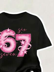 少女字母数字印花圆领短袖T恤搭配喇叭裤休闲套装 - 黑色 - 查看 6