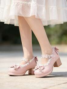 Women Kawaii Mary Janes Pumps With Bow Platform Dress Pumps Chunky Heel Cute Lace Sweet Party Shoes For Girls Students Lolita Style Mid Heel Shoes - 粉色 - 查看 2