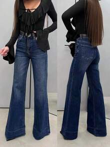 女士口袋纽扣休闲日常通勤喇叭牛仔裤 - 霧霾藍 - 查看 1