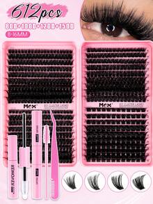 670/612/640/600pcs Bulk Pack False Eyelashes, 30D+40D+50D+60D+80D+100D+120D+150D Curled D-Curl, 8-16mm, DIY Lashes, Natural & Fluffy, Lightweight & Soft, Reusable Individual Lashes, Eyelash Extension Kit, Suitable For Travel, Daily Wear (Beginner Friendly), Wedding, Date, Party, Holiday, Also Great As Christmas/Halloween/Gift Lash Set - 黑色 - 查看 2