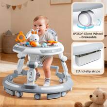 Safety-Enhanced 4-In-1 Grow-With-Me Baby Walker & Play Center - Adjustable 8 Heights, Anti-Tip Base, 8 Silent Brake Wheels + Foldable Frame (Learning, Snack Seat, ) - Rabbit Pattern - View 6