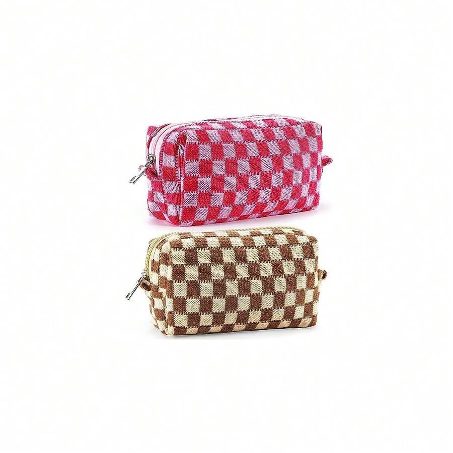 ZLFSRQ 2Pcs Checkered Pencil Case Cute Pencil Pouch For Teens Checkered Makeup Bag Medium Travel Cosmetic Bag Preppy Makeup Pouch For Purse Aesthetic Zipper Toiletry Bags Organizer(Pink/Brown) - BNCheckered2PcsM粉紅色/棕色 - 查看 1
