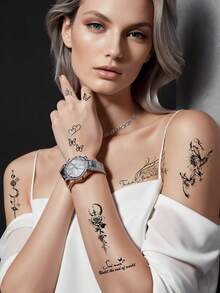 (30 Stück/Set) Künstlerisches Design temporäre Tattoo Aufkleber, enthaltend Schmetterling, Buchstaben, Baumzweig, Sternenhimmel, Rosenblumen Elemente Kombination, minimalistische schwarze Muster, Schmetterling & Sternenlicht, geeignet für Ärmel, Gesicht, Finger, Hals, tägliche Dekoration, Fotografie, Dates, Reiseaccessoire - Schwarz - Übersicht 4