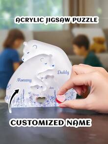 拥抱熊一家亚克力拼图，蓝色、黑色、黑色花卉图案，家庭爱心礼物，可定制家庭成员姓名，房间装饰 - 彩色 - 查看 5