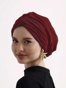 1pc Women's Classic Solid Color Chemo Turban Hat, High Elasticity, Pleated Design, Non-Slip, Breathable, Multi-Layer Pleated Headscarf, Perfectly Paired With Hijab, Soft And Skin-Friendly Modal Knitted Fabric, Suitable For Hijab Outfit, Daily Wear - Black - View 30