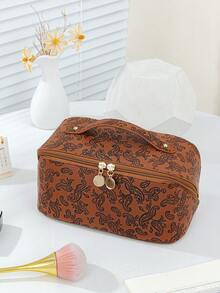 1 PC Dark Brown Paisley Handbag With A Sophisticated Feel Make Up Bag,Fashionable And Casual Large Capacity Portable Zipper Makeup Bags,Travel And Vacation Essentials Cosmetic Bags For Sanitary Napkins,Pouch Pads,Wired Earphones - 亮橙色 - 查看 4