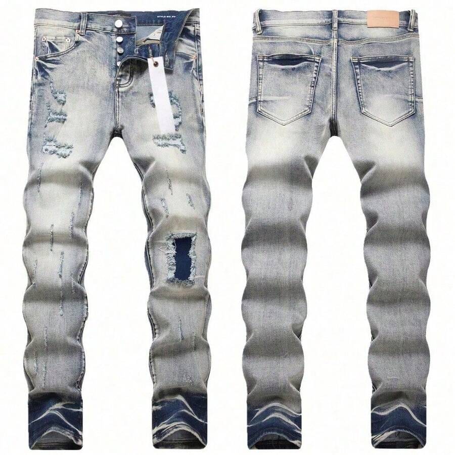 Pantalones vaqueros de mezclilla para hombre - Nuevos pantalones vaqueros de mezclilla de PU High Street de invierno-primavera - Pantalones vaqueros pequeños de ajuste elástico con parches de cuero bordados con agujeros para hombre - 6009# - Ver 1