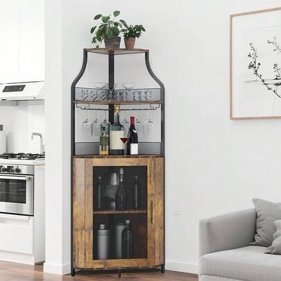 Mobiletto angolare per vino, portabottiglie, mobile bar industriale con portabottiglie regolabile e portabicchieri, contenitore per bevande, mobile bar per vino per cucina, sala da pranzo, soggiorno, stile retrò