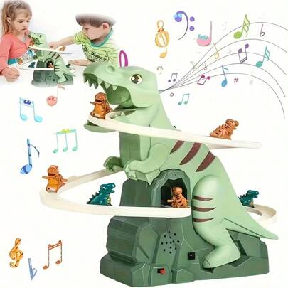 Dinosaur Climbing Slide Musical Toy, Electric Dinosaur Climbing Stairs Toy, Dinosaur Climbing Slide Toy, Electric Racing Track Fun Slide Roller Coaster Toy, Electric Roller Coaster With Chasing Game, Climbing Slide, Lights And Music, Suitable For Children Boys And Girls Christmas, Halloween, New Year, Birthday Gift (Batteries Not Included)