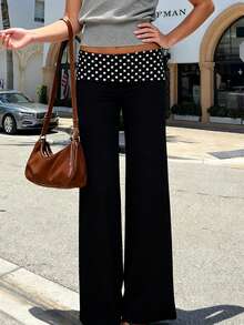 Women Y2K Loose Pants Polka Dot Waistband Low Waist Wide Leg Trousers for Daily Casual - Negro - Ver 3