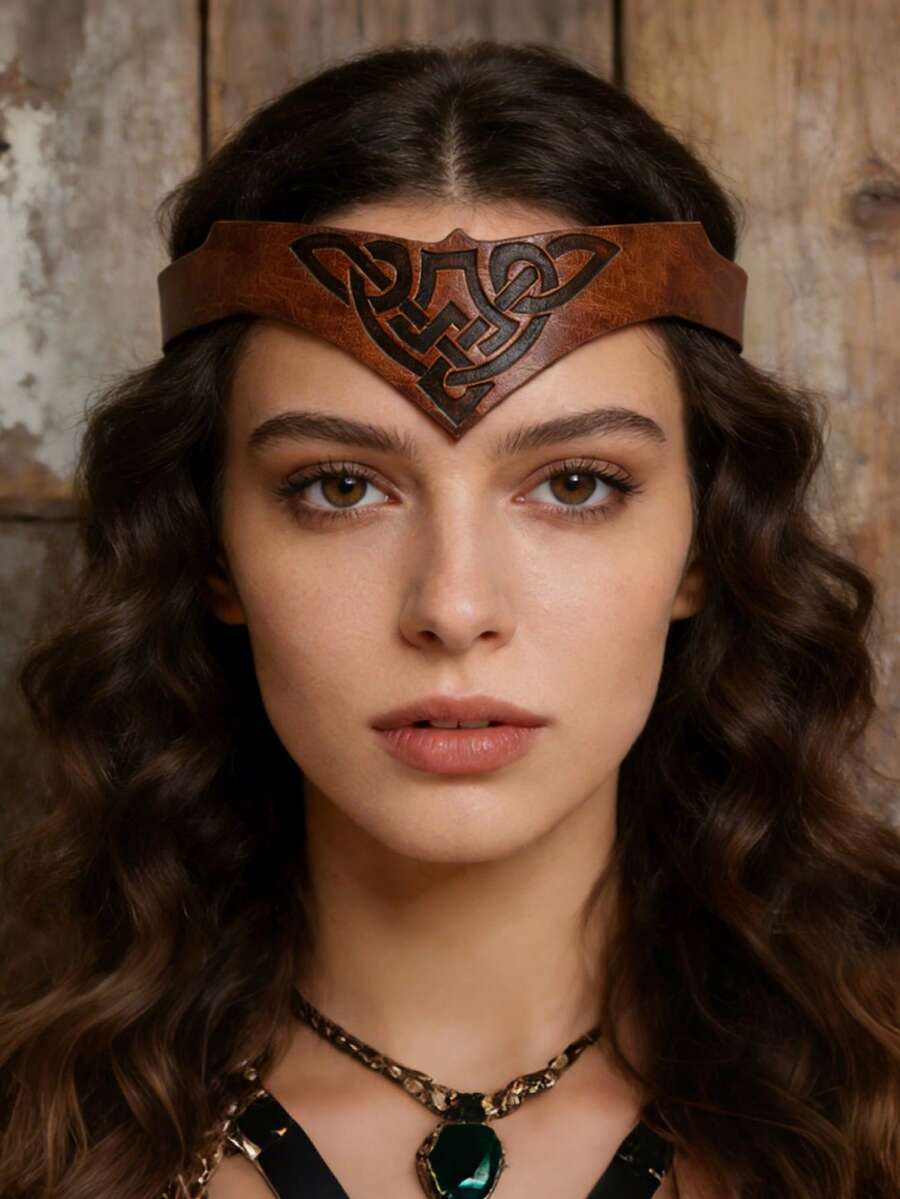 Adjustable Celtic Viking PU Leather Headpiece, Medieval Cosplay Accessory, LARP Festival Costume - A - View 1